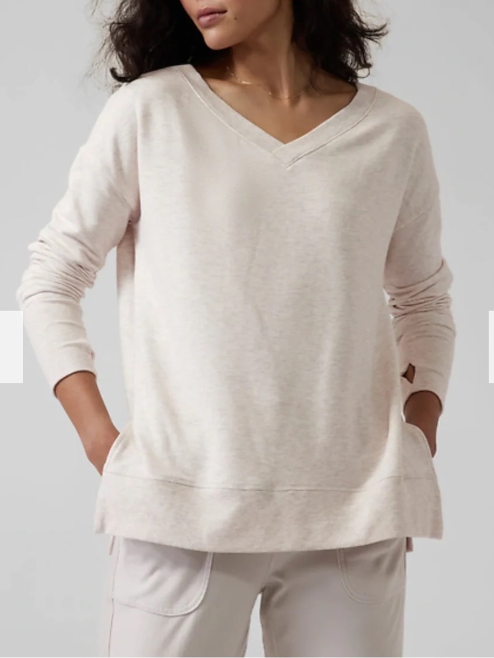 Athleta Coaster Luxe V-Neck Sweatshirt Pullover in Heathered Beige